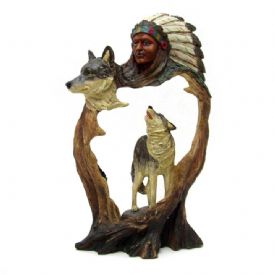 Native American With Wolves Figurine
